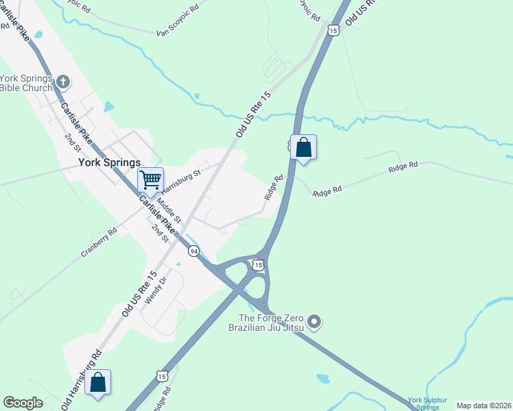 map of restaurants, bars, coffee shops, grocery stores, and more near 120 Ridge Road in York Springs