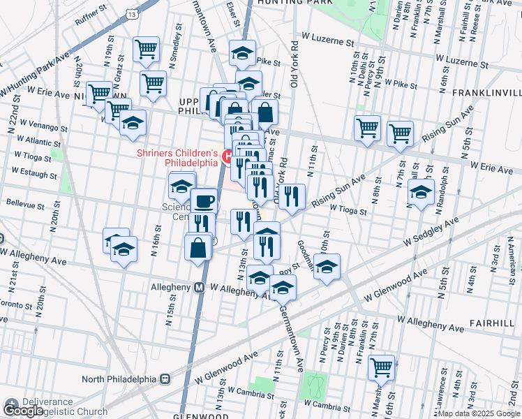map of restaurants, bars, coffee shops, grocery stores, and more near 3429 Germantown Avenue in Philadelphia