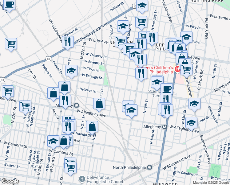 map of restaurants, bars, coffee shops, grocery stores, and more near 3333 North 19th Street in Philadelphia