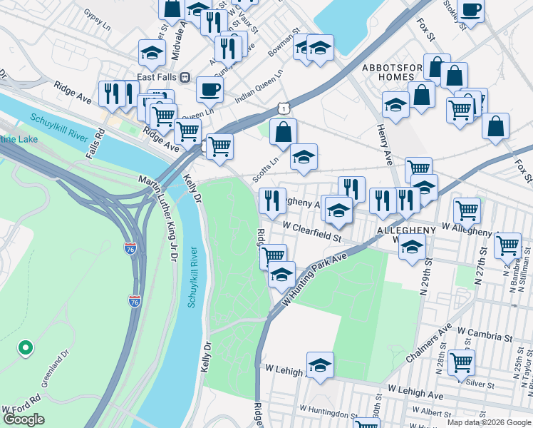 map of restaurants, bars, coffee shops, grocery stores, and more near 3901 Ridge Avenue in Philadelphia