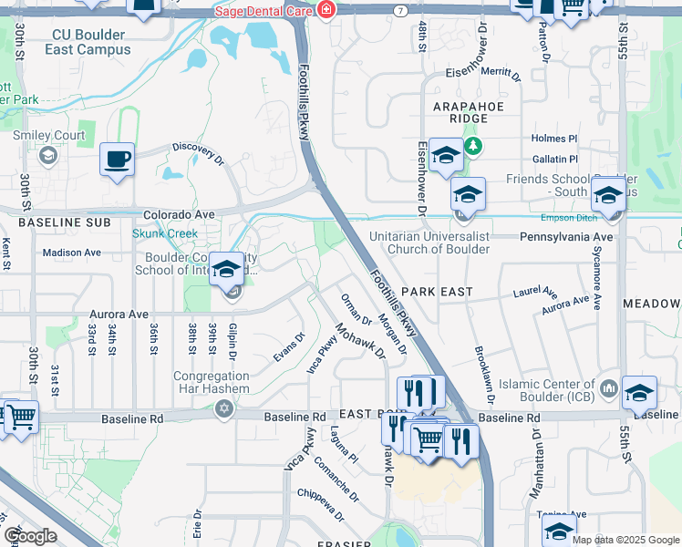 map of restaurants, bars, coffee shops, grocery stores, and more near 4655 Pitkin Drive in Boulder