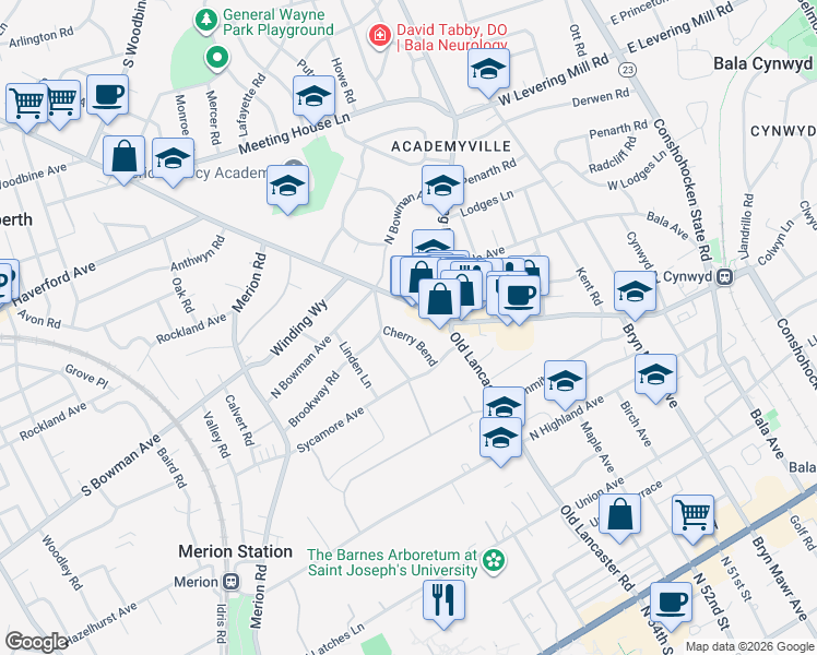 map of restaurants, bars, coffee shops, grocery stores, and more near 337 Cherry Bend in Merion Station