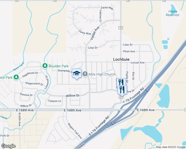 map of restaurants, bars, coffee shops, grocery stores, and more near 154 Valdai Street in Lochbuie