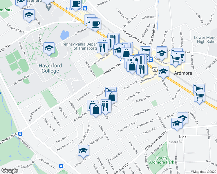 map of restaurants, bars, coffee shops, grocery stores, and more near 166 Cricket Avenue in Ardmore