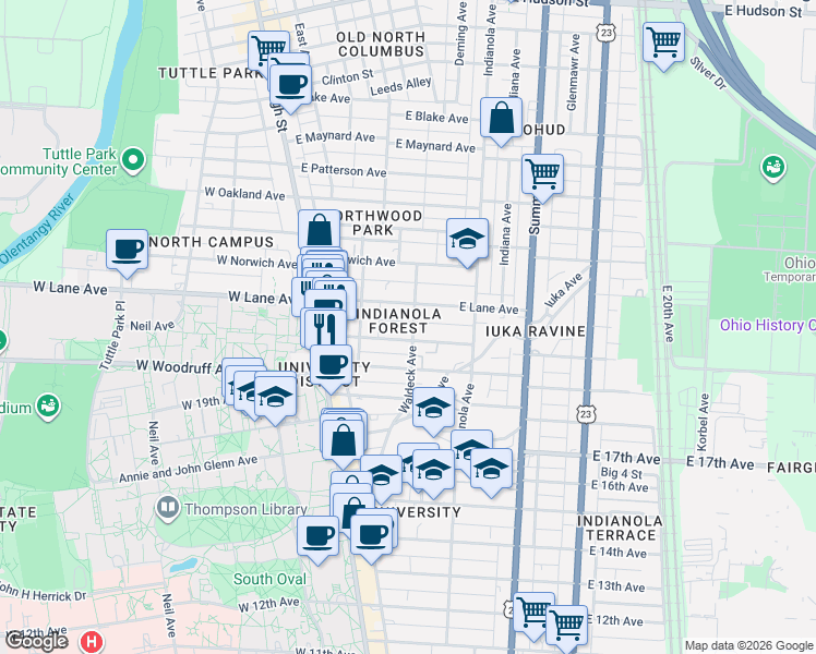 map of restaurants, bars, coffee shops, grocery stores, and more near 2081 Waldeck Avenue in Columbus