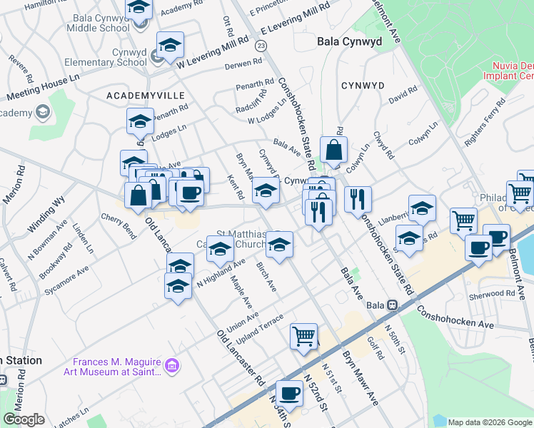 map of restaurants, bars, coffee shops, grocery stores, and more near 50 Montgomery Avenue in Bala Cynwyd