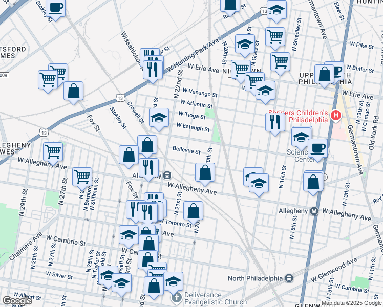 map of restaurants, bars, coffee shops, grocery stores, and more near 2044 Bellevue Street in Philadelphia