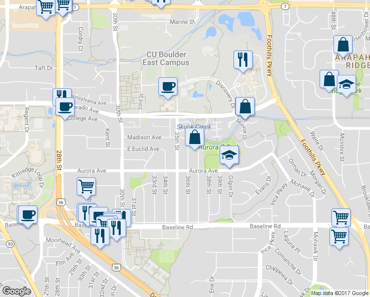 map of restaurants, bars, coffee shops, grocery stores, and more near 965 36th Street in Boulder
