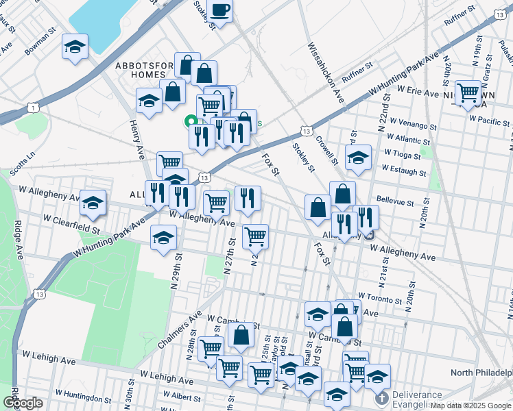 map of restaurants, bars, coffee shops, grocery stores, and more near 3233 North Bailey Street in Philadelphia