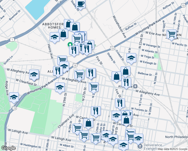 map of restaurants, bars, coffee shops, grocery stores, and more near 3233 North Bailey Street in Philadelphia