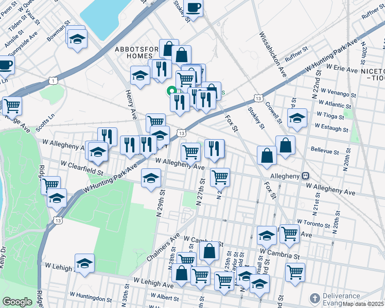 map of restaurants, bars, coffee shops, grocery stores, and more near 3228 North Marston Street in Philadelphia