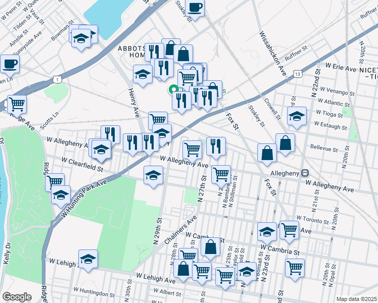 map of restaurants, bars, coffee shops, grocery stores, and more near 3215 North Newkirk Street in Philadelphia