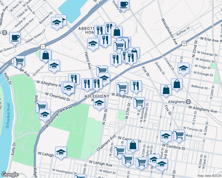 map of restaurants, bars, coffee shops, grocery stores, and more near in Philadelphia