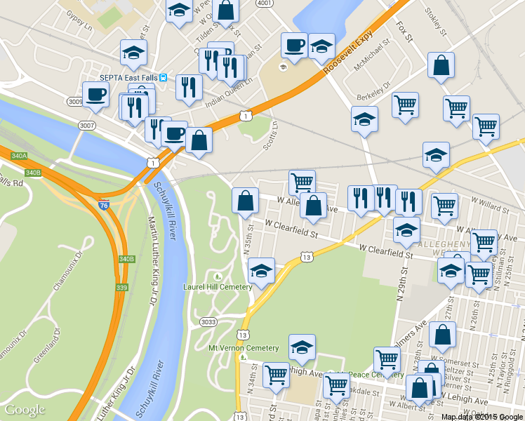 map of restaurants, bars, coffee shops, grocery stores, and more near 3114 North Shedwick Street in Philadelphia