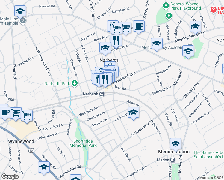 map of restaurants, bars, coffee shops, grocery stores, and more near 29 North Narberth Avenue in Narberth