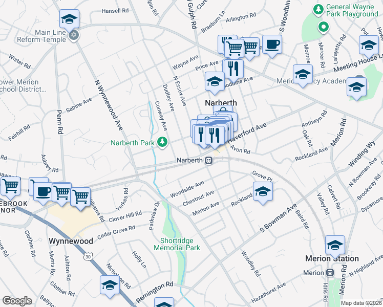 map of restaurants, bars, coffee shops, grocery stores, and more near 100 North Essex Avenue in Narberth