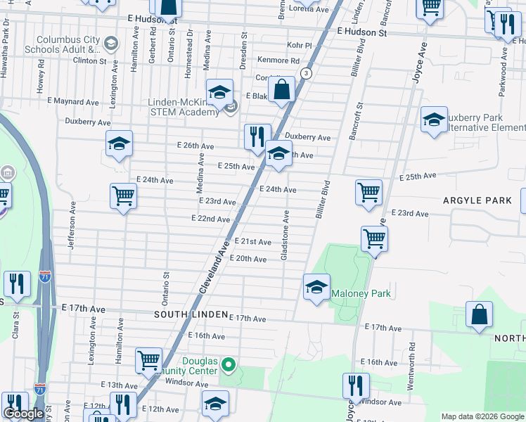 map of restaurants, bars, coffee shops, grocery stores, and more near 1401 East 23rd Avenue in Columbus