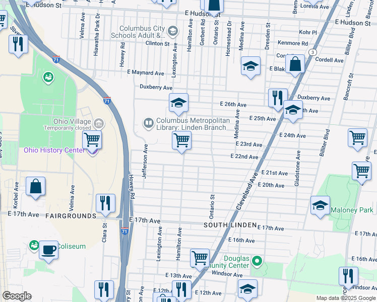 map of restaurants, bars, coffee shops, grocery stores, and more near 1123 East 22nd Avenue in Columbus