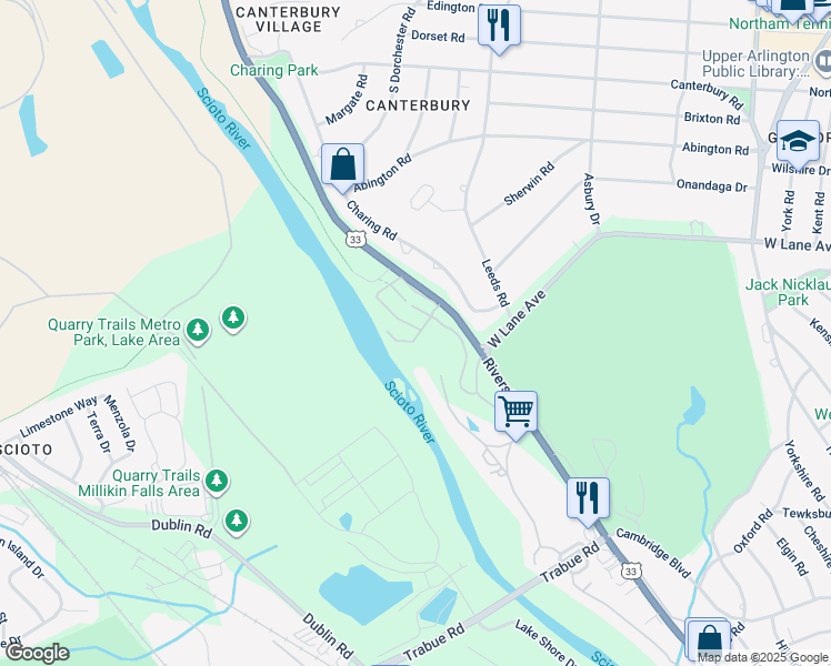map of restaurants, bars, coffee shops, grocery stores, and more near 2550 Shore Line Lane in Columbus