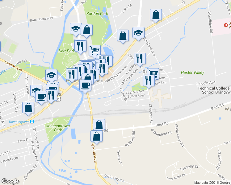 map of restaurants, bars, coffee shops, grocery stores, and more near 199 Green St in Downingtown