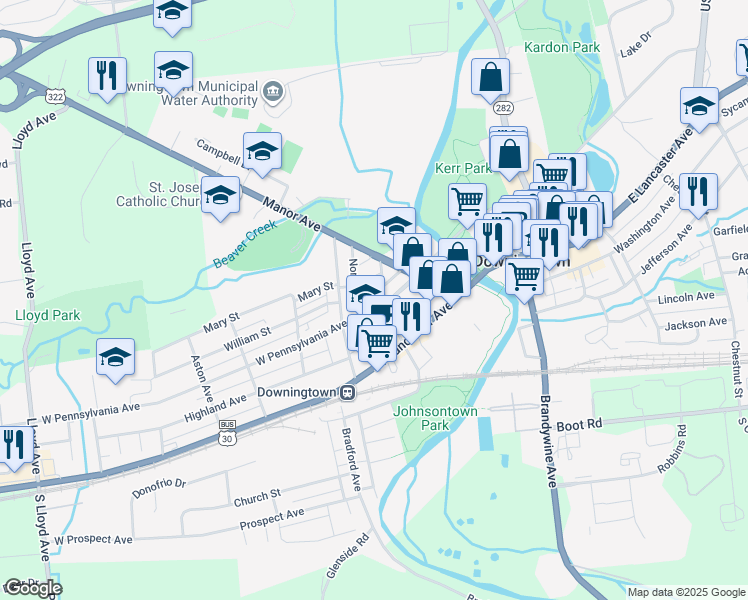 map of restaurants, bars, coffee shops, grocery stores, and more near 107 West Pennsylvania Avenue in Downingtown
