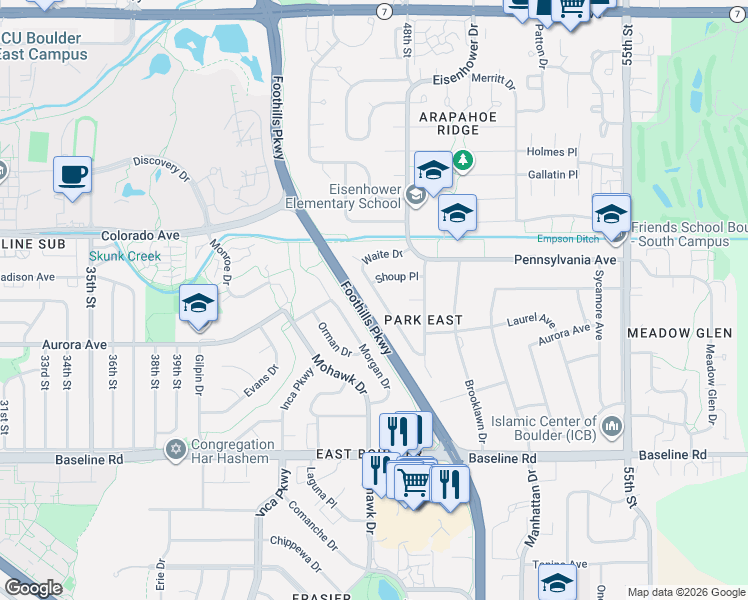 map of restaurants, bars, coffee shops, grocery stores, and more near 965 Waite Drive in Boulder