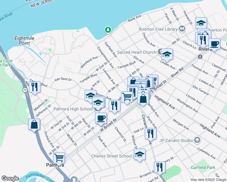 map of restaurants, bars, coffee shops, grocery stores, and more near 120 West 4th Street in Palmyra