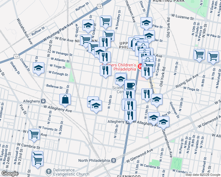 map of restaurants, bars, coffee shops, grocery stores, and more near 3400 North 16th Street in Philadelphia