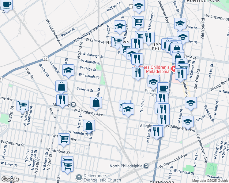 map of restaurants, bars, coffee shops, grocery stores, and more near 3348 North Gratz Street in Philadelphia