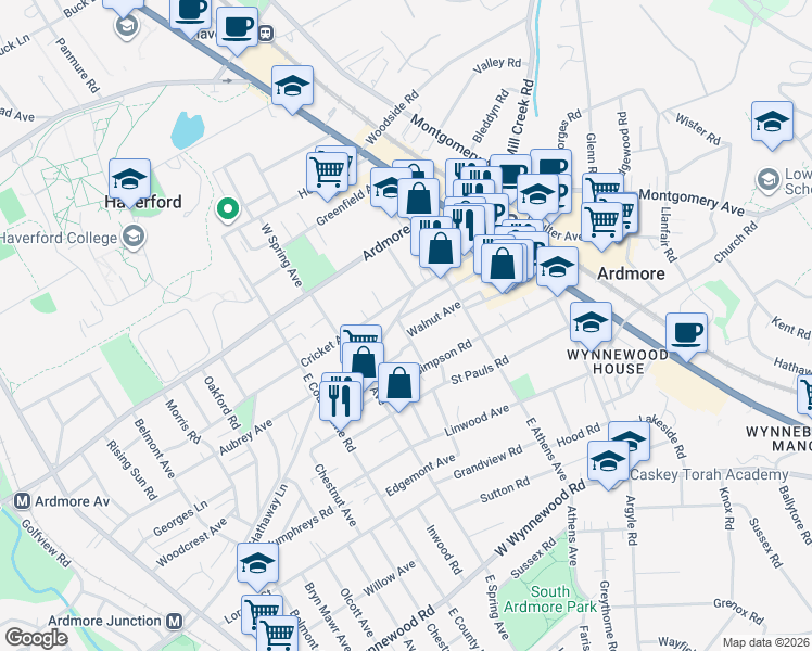 map of restaurants, bars, coffee shops, grocery stores, and more near 125 Walnut Avenue in Ardmore