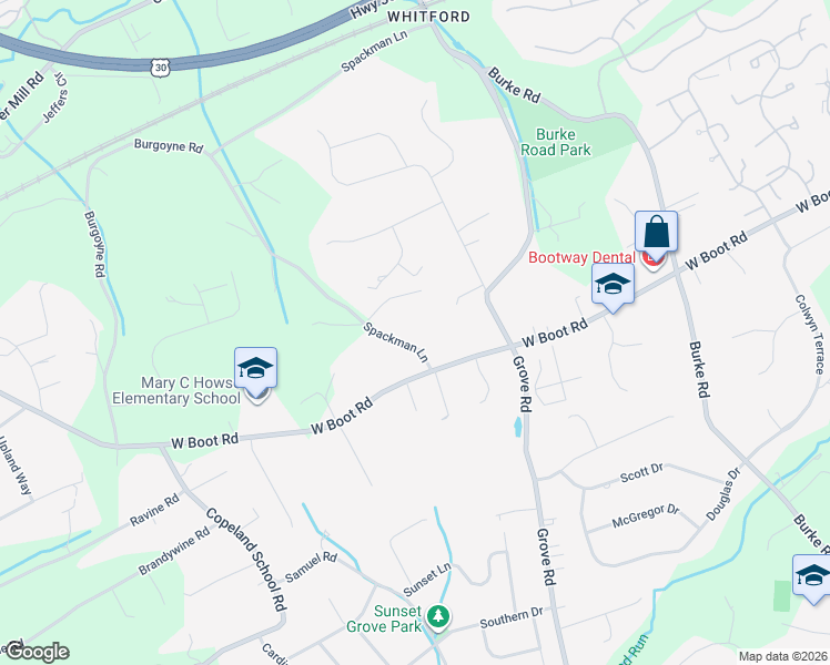 map of restaurants, bars, coffee shops, grocery stores, and more near 1405 Spackmans Lane in West Chester