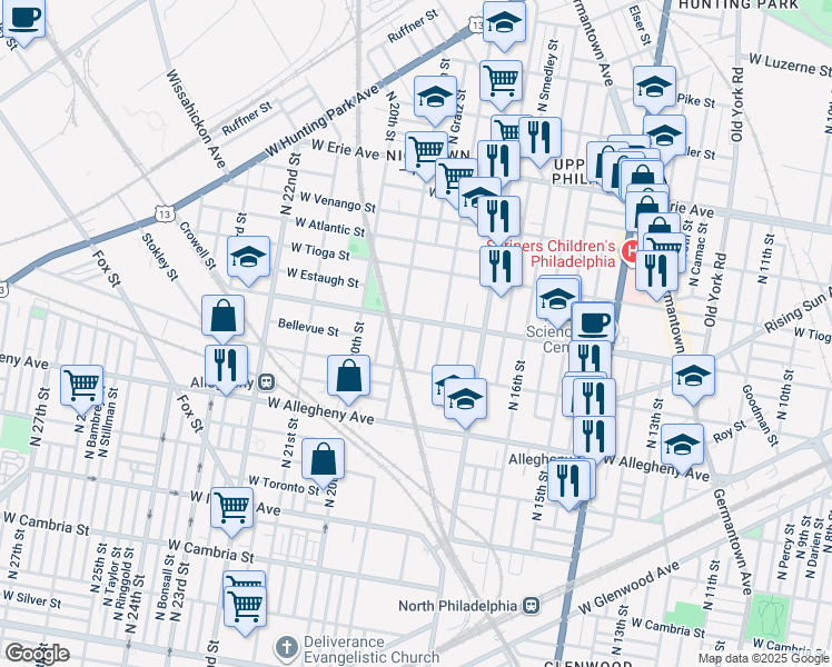map of restaurants, bars, coffee shops, grocery stores, and more near 3348 North Gratz Street in Philadelphia