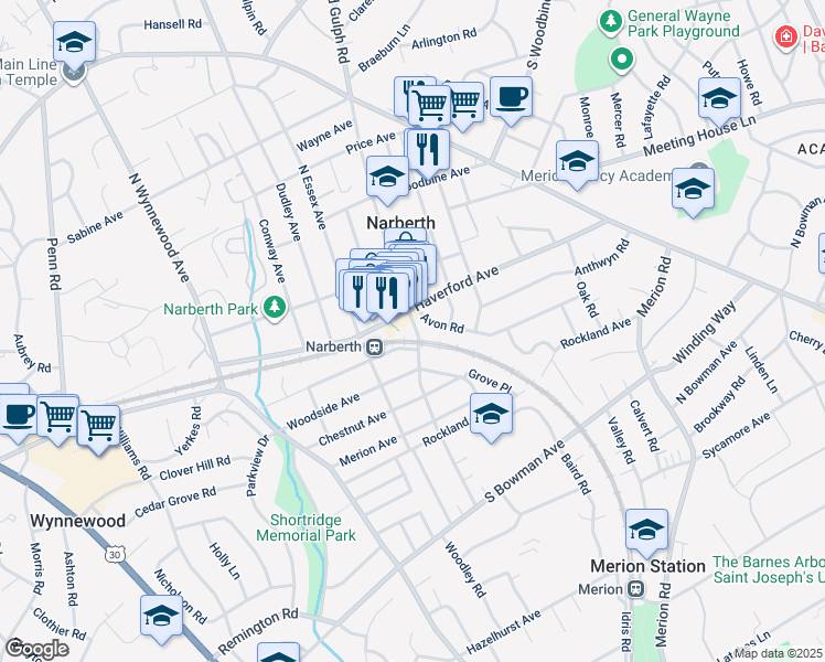 map of restaurants, bars, coffee shops, grocery stores, and more near 29 North Narberth Avenue in Narberth