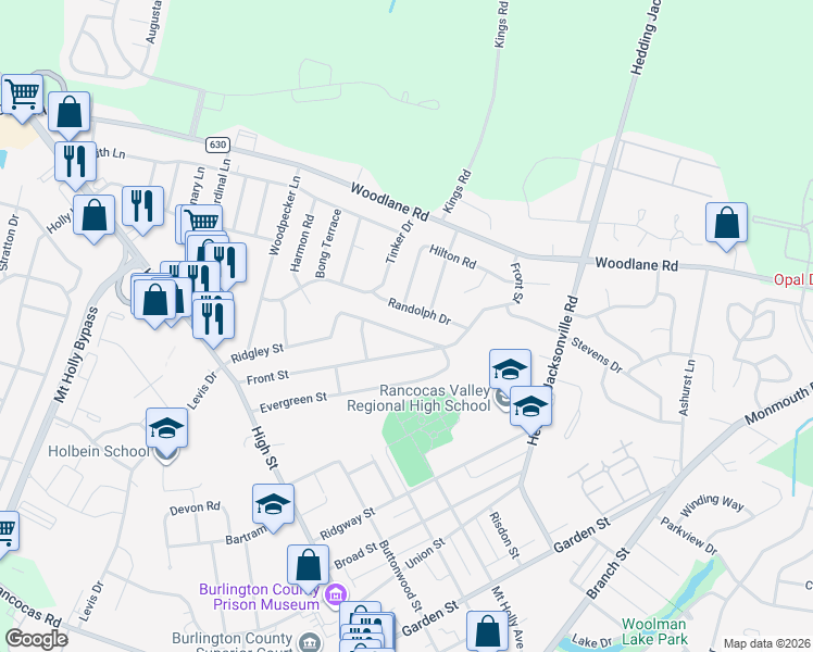 map of restaurants, bars, coffee shops, grocery stores, and more near 56 Ridgley Street in Mount Holly