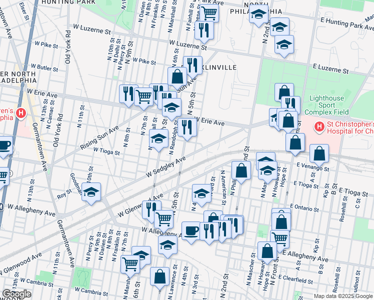 map of restaurants, bars, coffee shops, grocery stores, and more near 3541 North 5th Street in Philadelphia