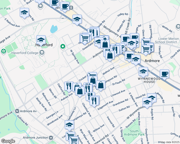map of restaurants, bars, coffee shops, grocery stores, and more near 166 Cricket Avenue in Ardmore