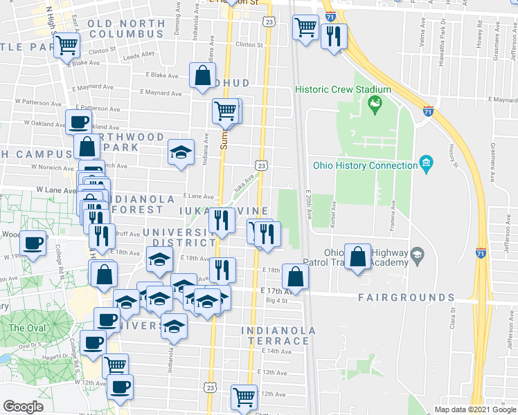 map of restaurants, bars, coffee shops, grocery stores, and more near North 4th Street & East Lane Avenue in Columbus