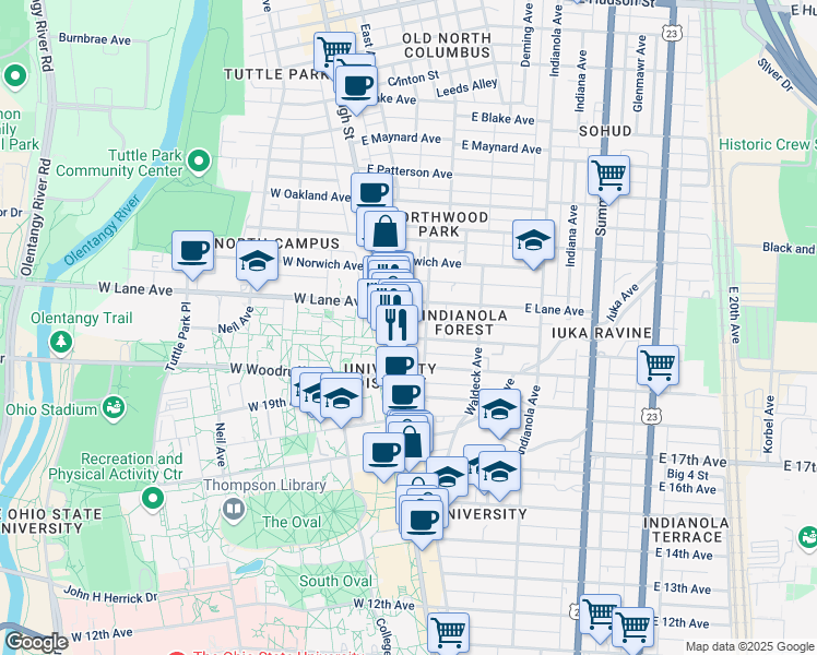 map of restaurants, bars, coffee shops, grocery stores, and more near 30 Frambes Avenue in Columbus