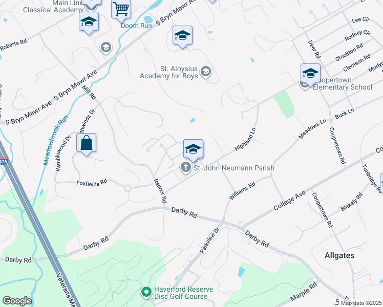 map of restaurants, bars, coffee shops, grocery stores, and more near 52 Parkridge Drive in Bryn Mawr