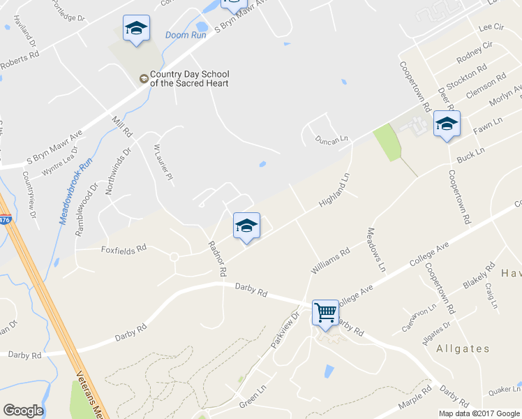 map of restaurants, bars, coffee shops, grocery stores, and more near 52 Parkridge Drive in Bryn Mawr