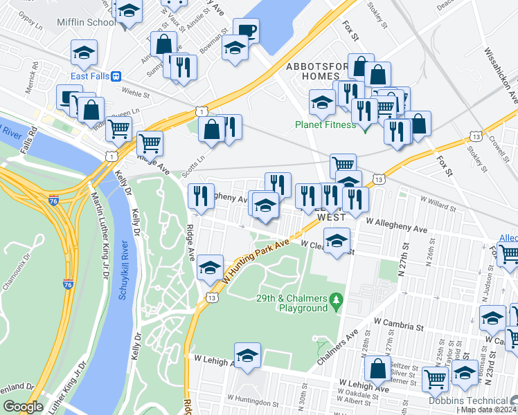 map of restaurants, bars, coffee shops, grocery stores, and more near 3240 West Allegheny Avenue in Philadelphia