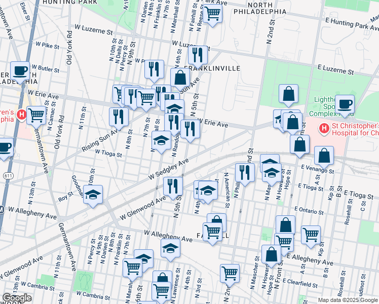 map of restaurants, bars, coffee shops, grocery stores, and more near 3541 North 5th Street in Philadelphia