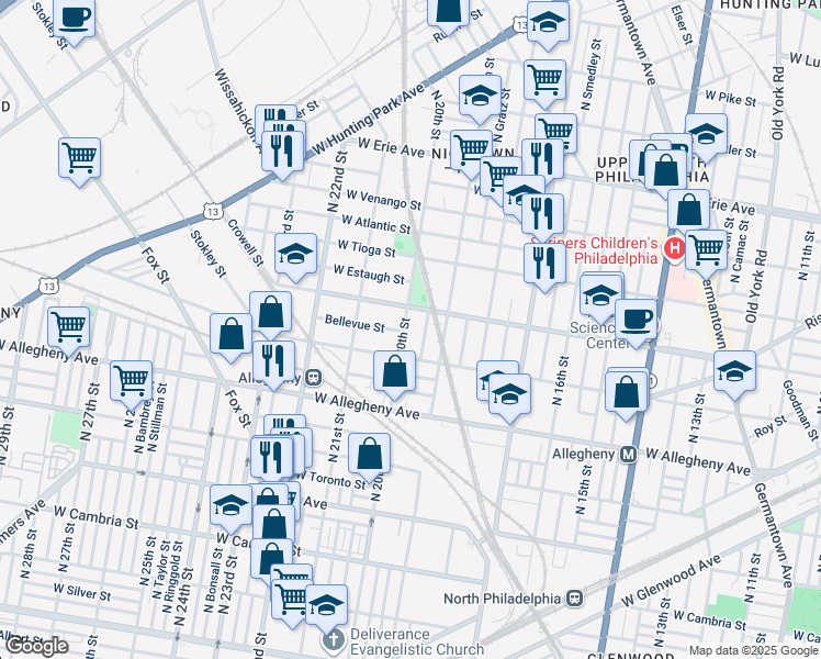map of restaurants, bars, coffee shops, grocery stores, and more near 3333 North 20th Street in Philadelphia