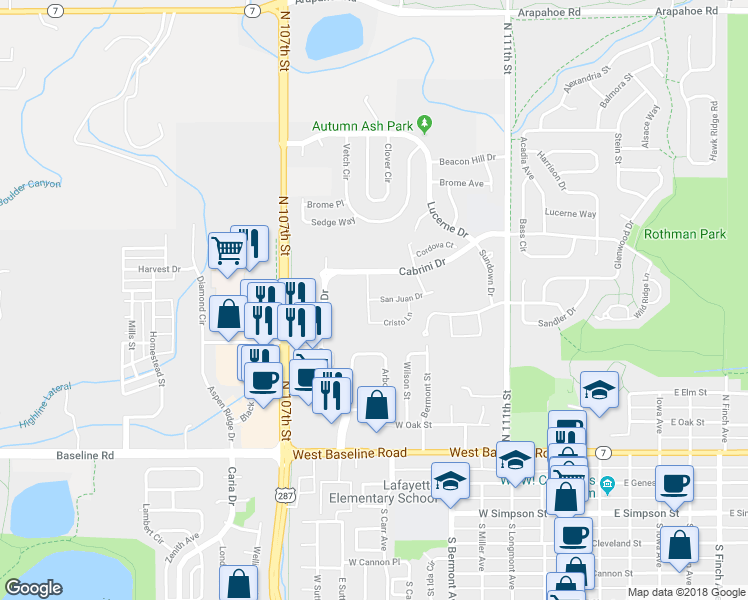 map of restaurants, bars, coffee shops, grocery stores, and more near 720 San Juan Drive in Lafayette