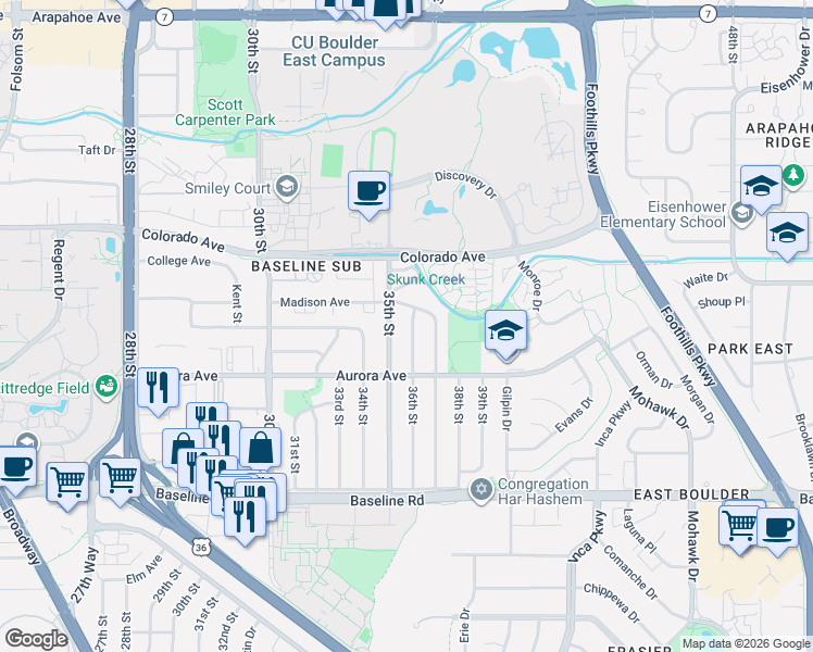 map of restaurants, bars, coffee shops, grocery stores, and more near 965 36th Street in Boulder