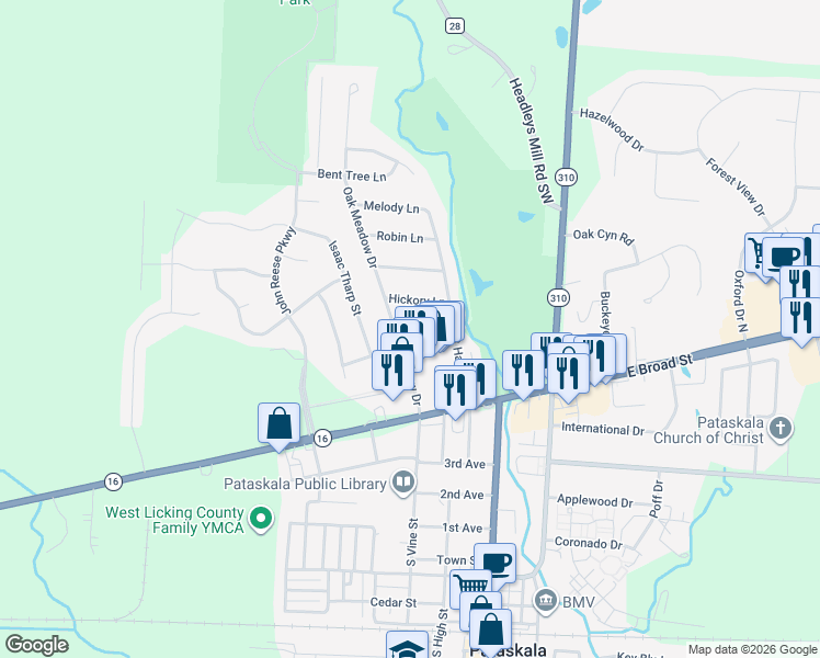 map of restaurants, bars, coffee shops, grocery stores, and more near 128 Oak Meadow Drive in Pataskala