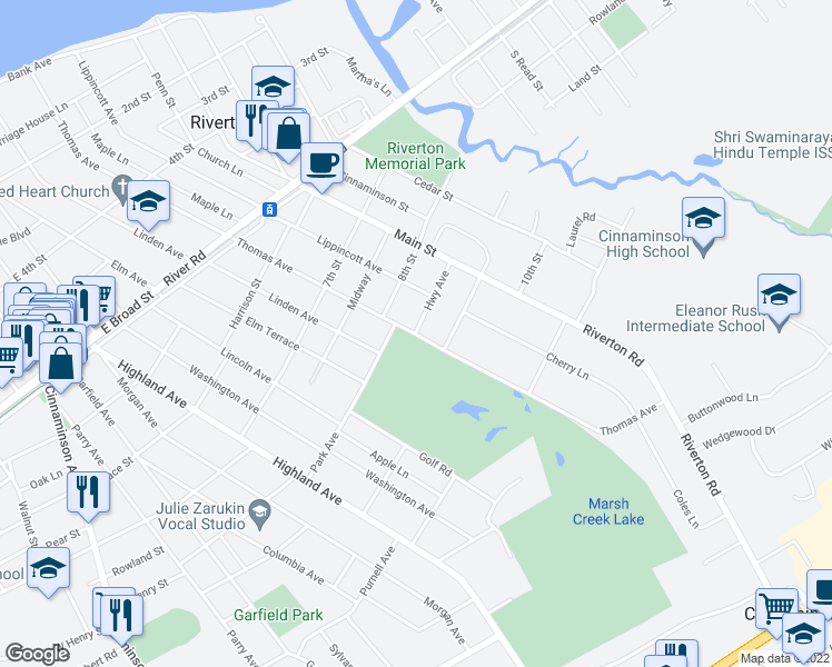 map of restaurants, bars, coffee shops, grocery stores, and more near 809 Thomas Avenue in Riverton
