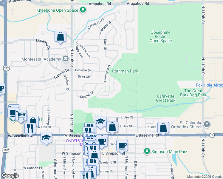 map of restaurants, bars, coffee shops, grocery stores, and more near 624 Wild Ridge Circle in Lafayette