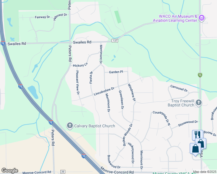 map of restaurants, bars, coffee shops, grocery stores, and more near 2275 Merrimont Drive in Troy