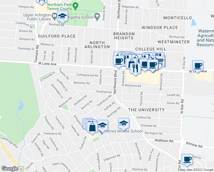 map of restaurants, bars, coffee shops, grocery stores, and more near 1858 Chatfield Road in Columbus